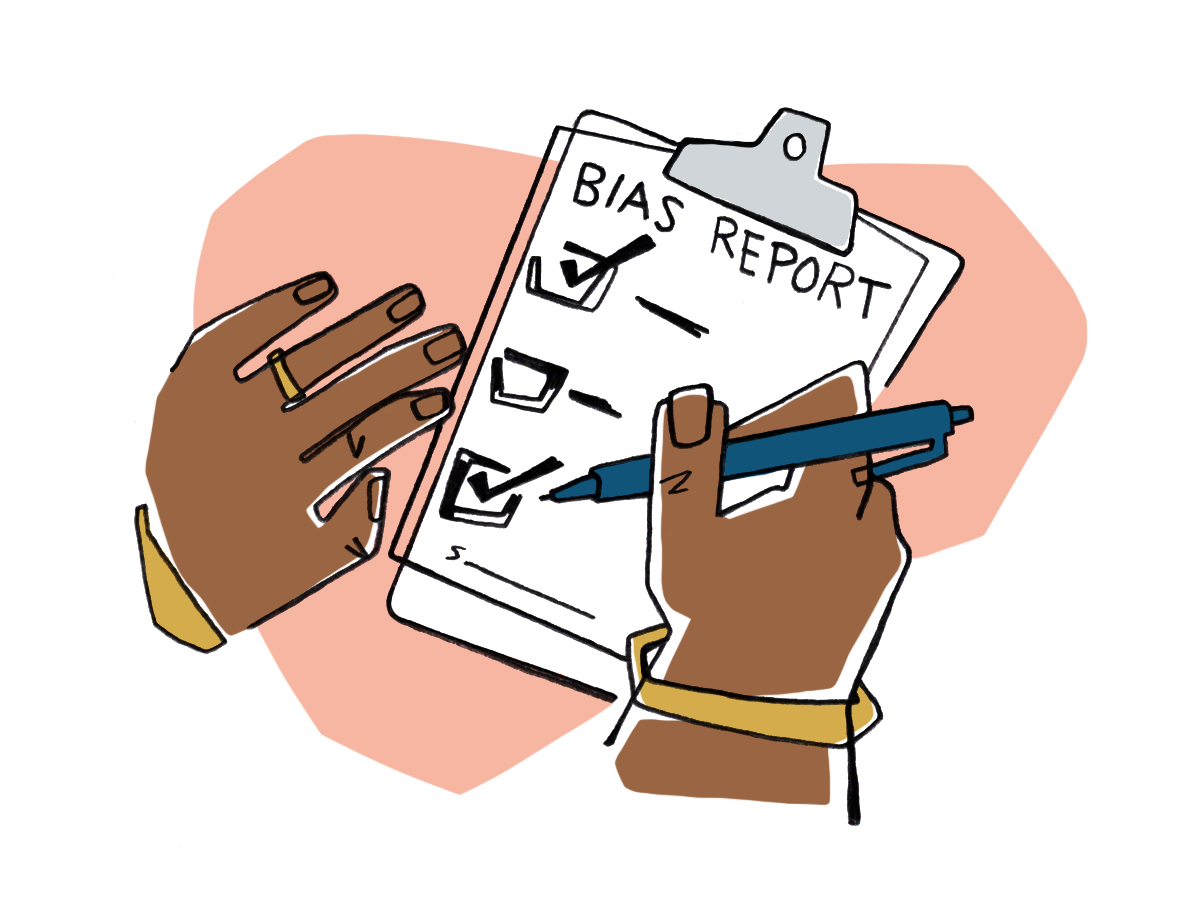 Illustration of a clipboard with a bias report checklist being checked off
