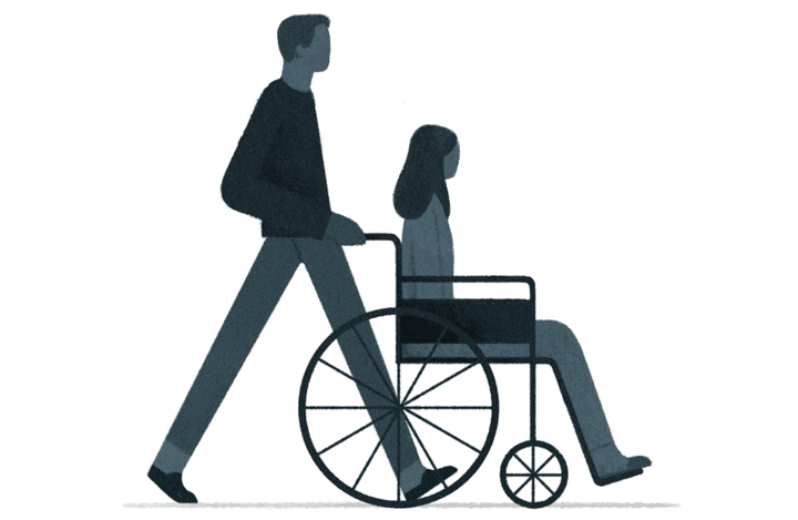 Illustration of a man pushing a woman in a wheelchair