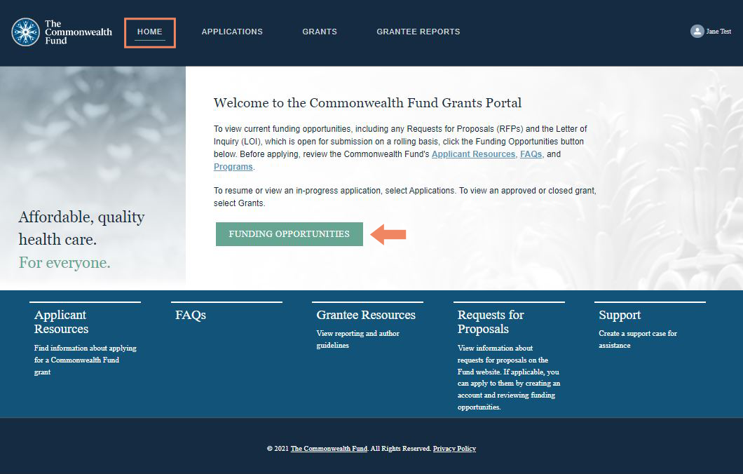 Screenshot of grants portal