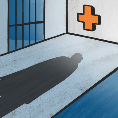 Illustration of inmate's shadow down log hall of prison