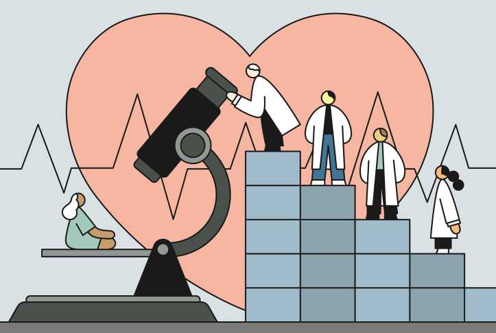 Illustration of female patient sitting on a microscope being observed by a line of cardiologists, all male except for one female