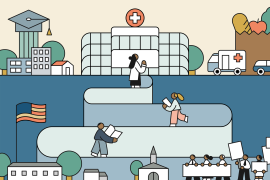 Illustration of medical students and doctors on a path to health equity surrounded by lived experienced represented by civil rights activists and social drivers of health