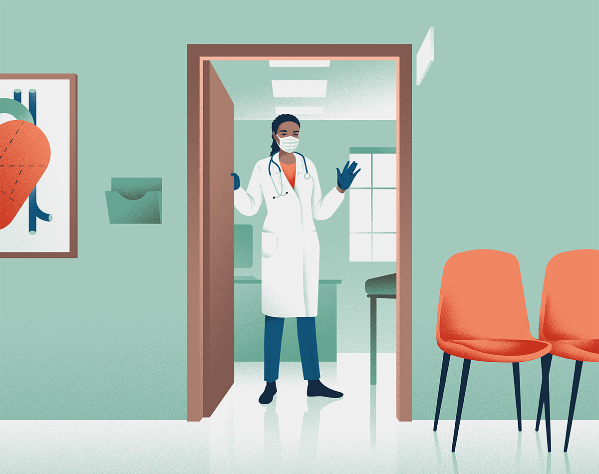 Illustration of a welcoming black female doctor with an open clinic door