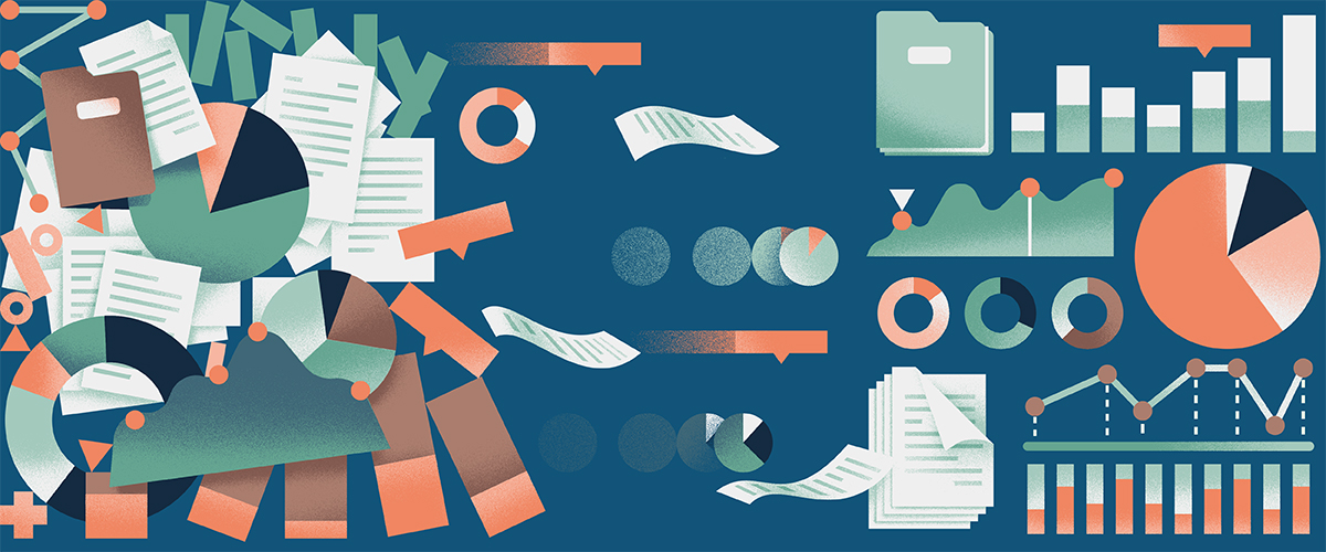 Illustration of papers, charts and graphs in disarray floating into ordered and organized rows