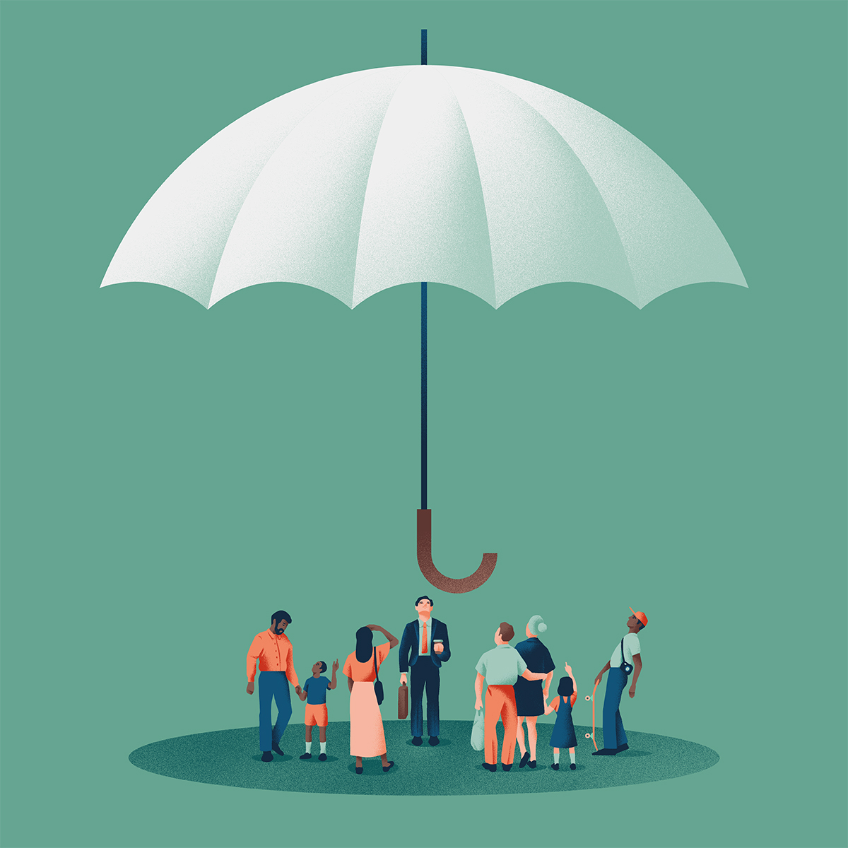 Illustration of a group of diverse people being covered by a very large umbrella