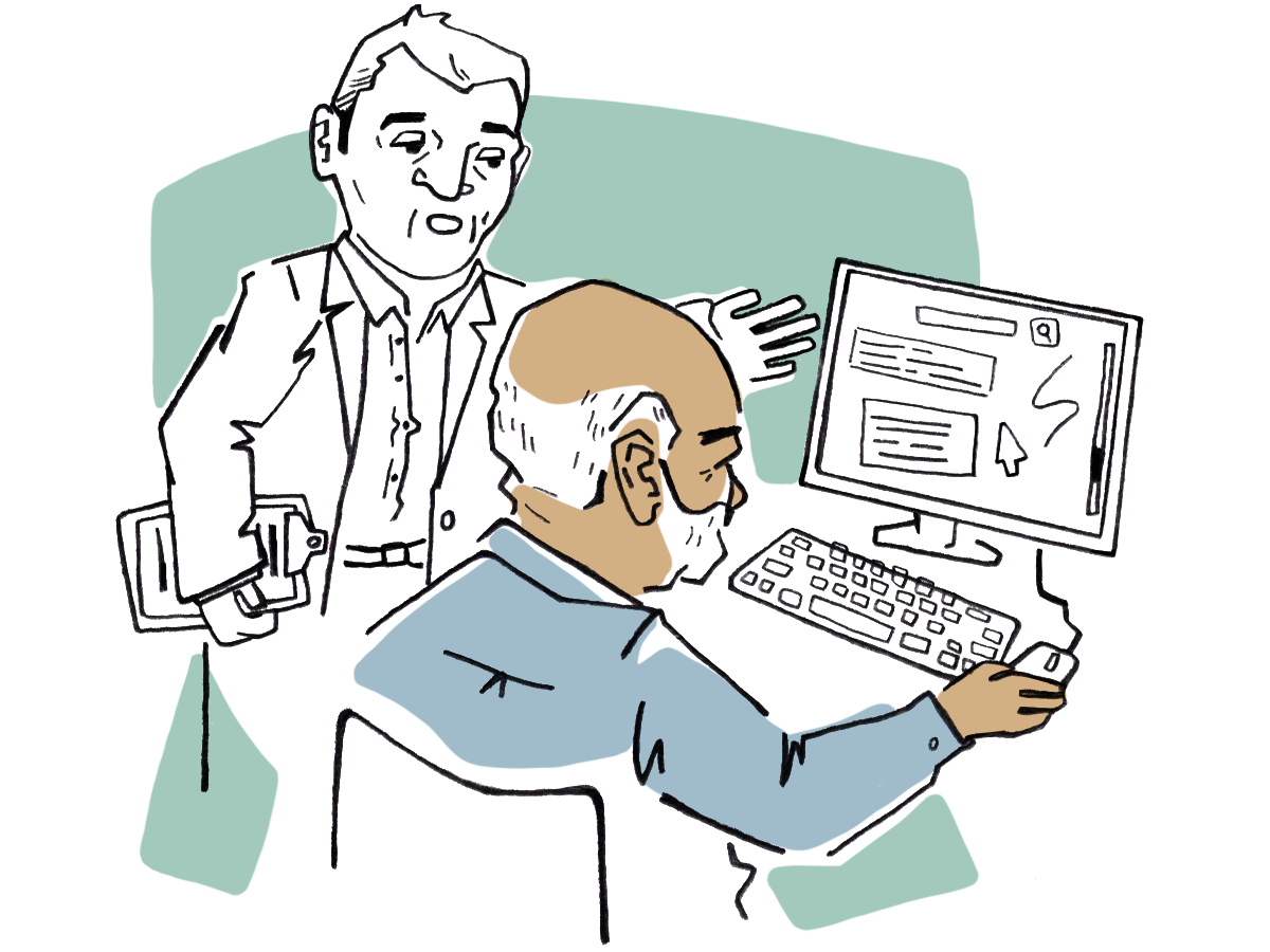 Illustration of a doctor helping an older patient on a computer