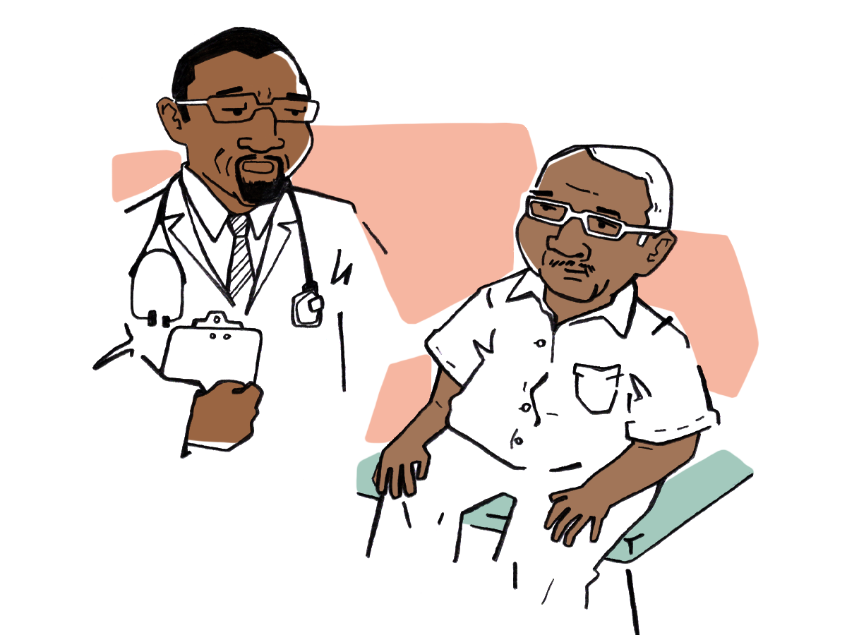 Illustration of a black male doctor talking to an older black male patient
