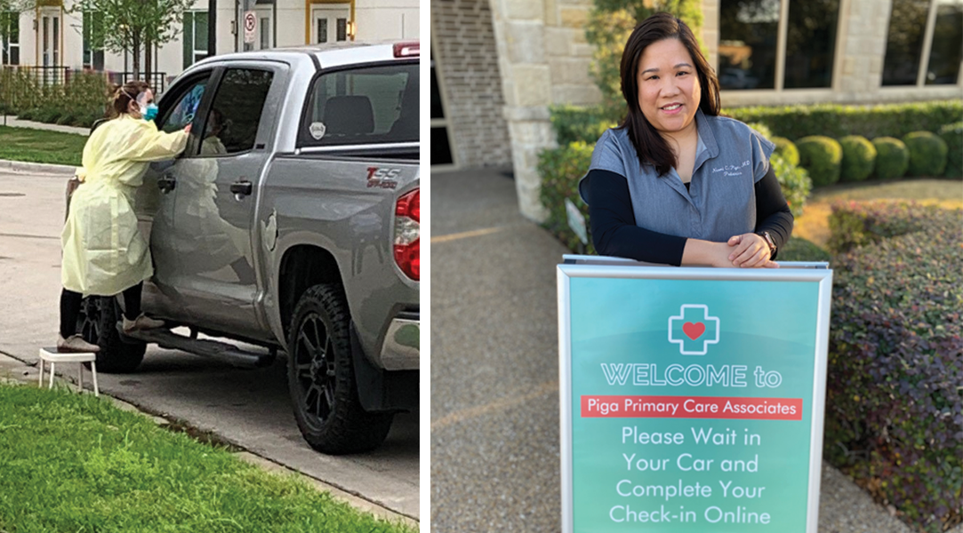 Mobile vaccination clinic at North Texas Health Science Pediatric Center and Dr. Piga with parking lot sign with check-in instructions