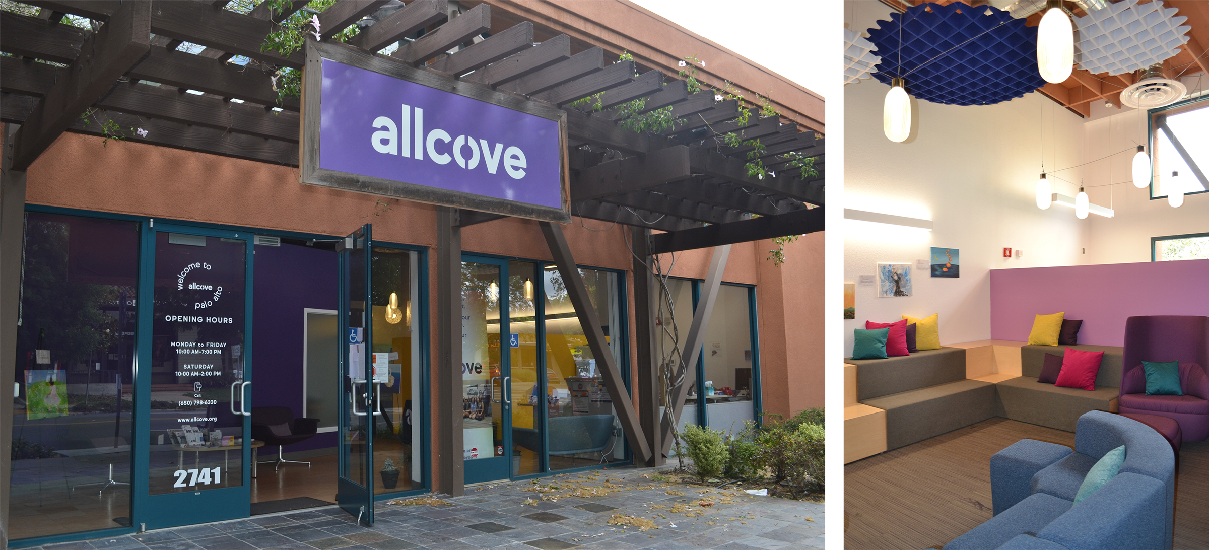 Photos of exterior and interior of the allcove center in Palo Alto, California