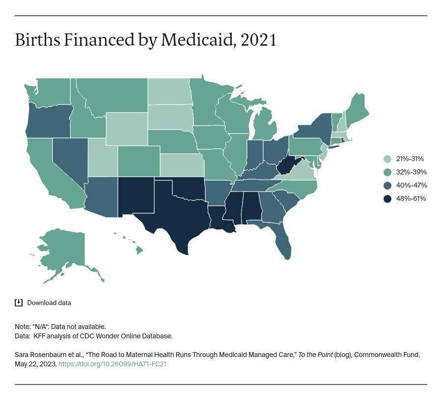 map, births financed by Medicaid in 2021