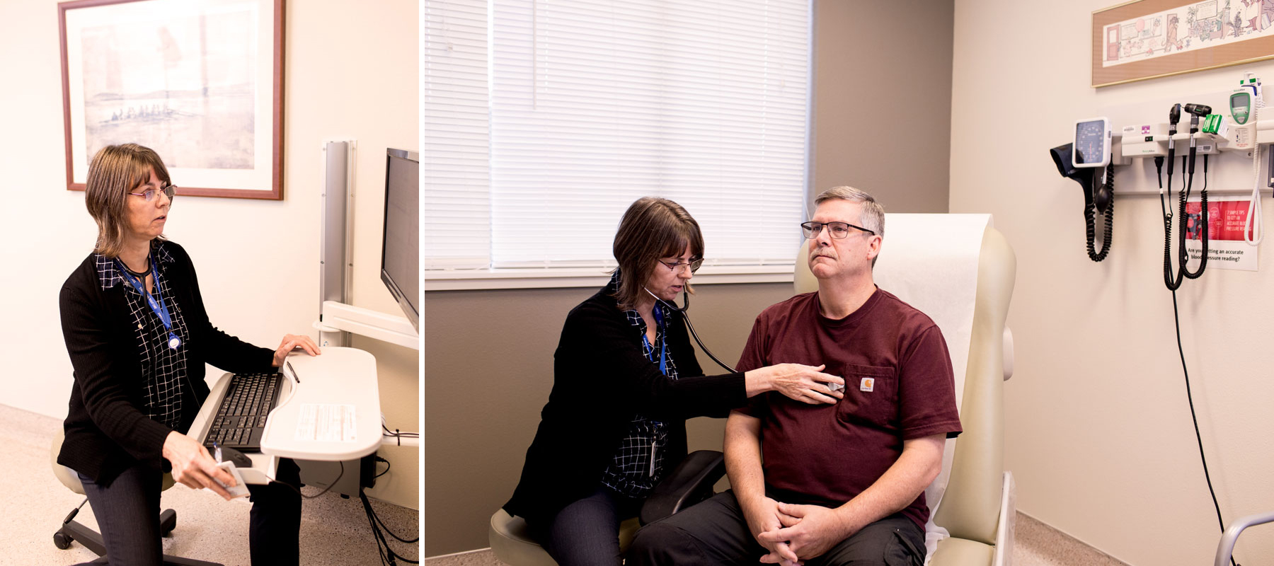 Dr. Marianne Broers sees a patient and reviews his records at her medical facility in Puyallup, Washington. 