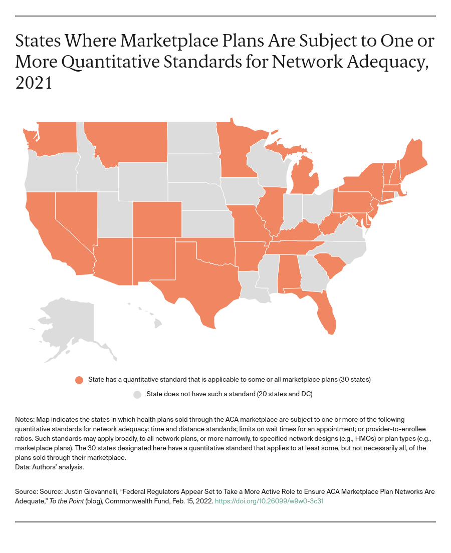 Map showing the 30 states that have a quantitative standard for network adequacy in 2021