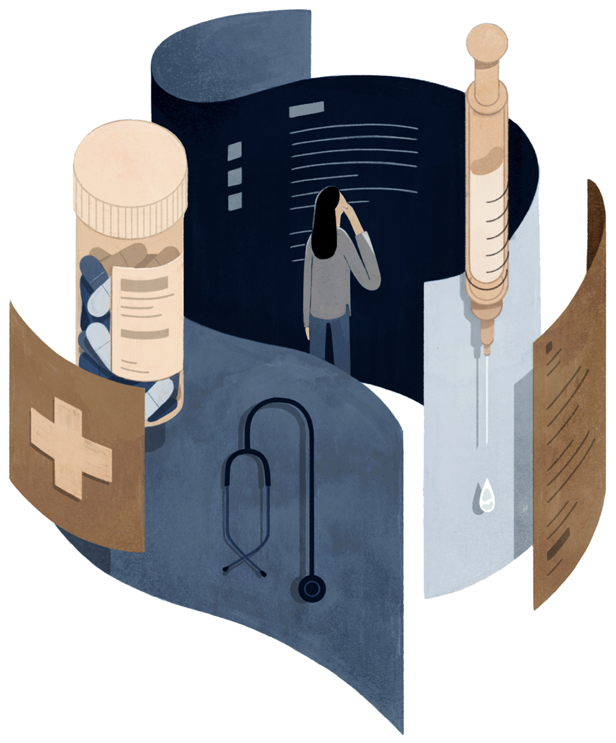 Illustration of a woman inside a swirl of confusing health care items