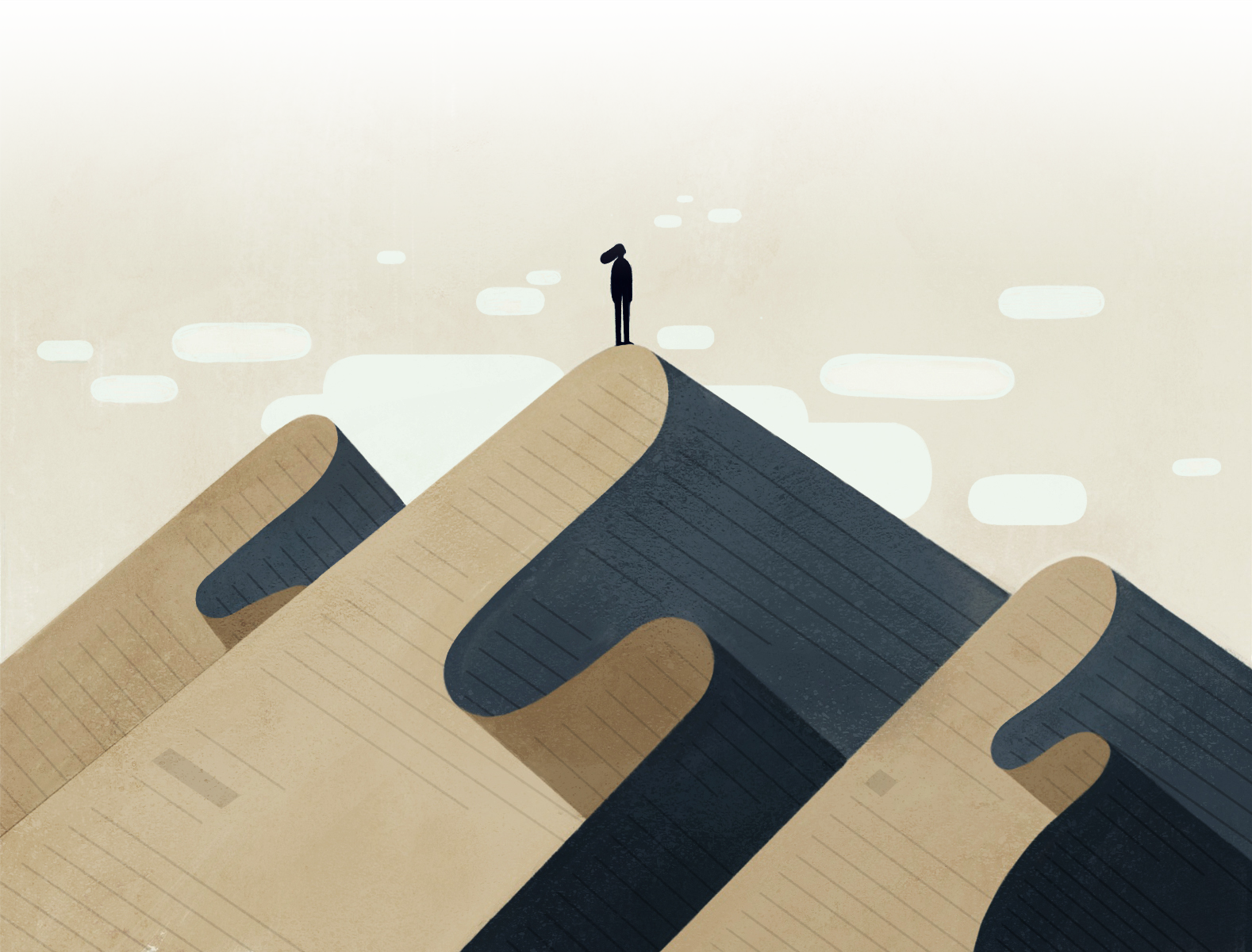 Illustration of a woman standing atop a paperwork mountain
