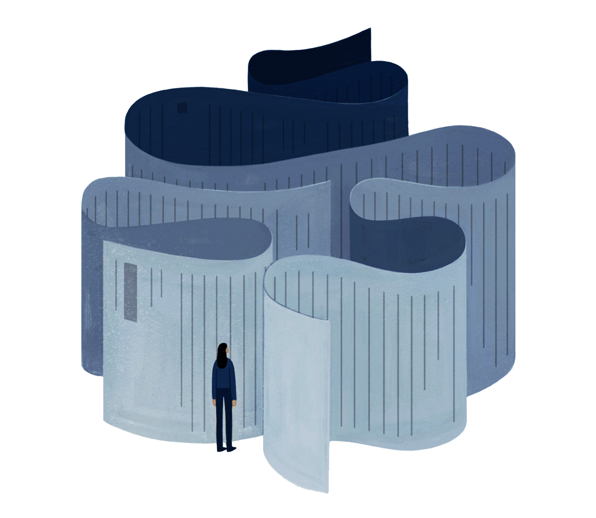 Illustration of a woman standing at the entrance to a paperwork maze