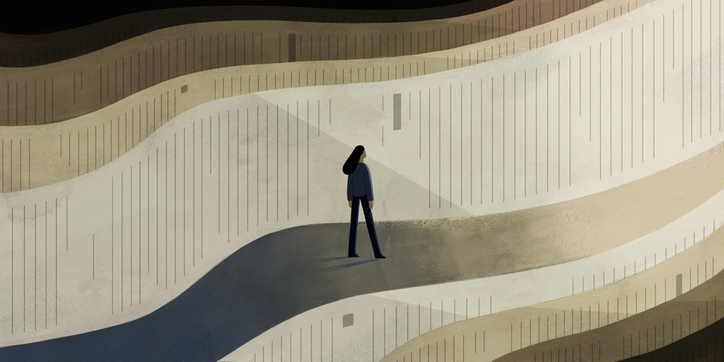 Illustration of woman walking out of paperwork maze