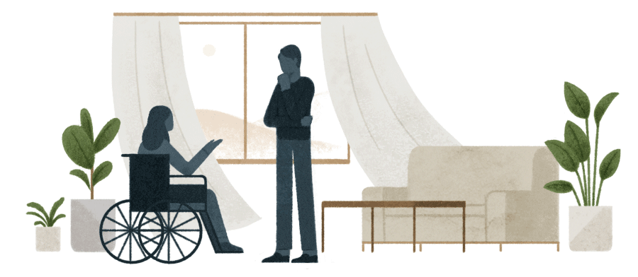 Illustration of a man talking to a woman in a wheelchair 