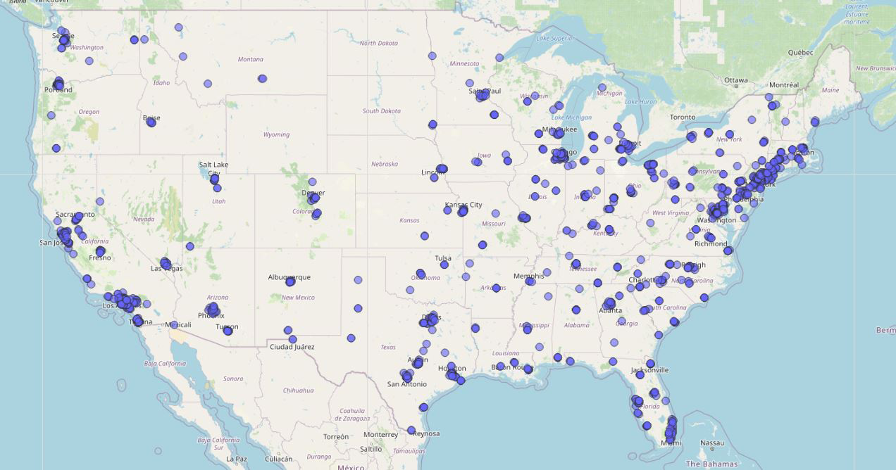 Map showing the locations of the 1,800 maternal-fetal medicine specialists in the continental U.S. Most practice in urban areas.