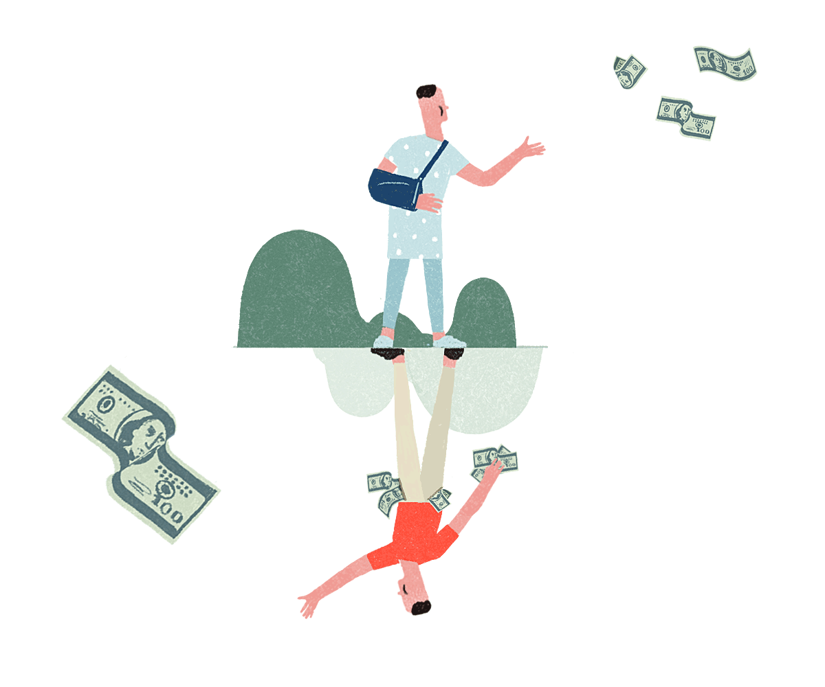 Illustration of money leaving the pockets of a patient to pay for expensive health care