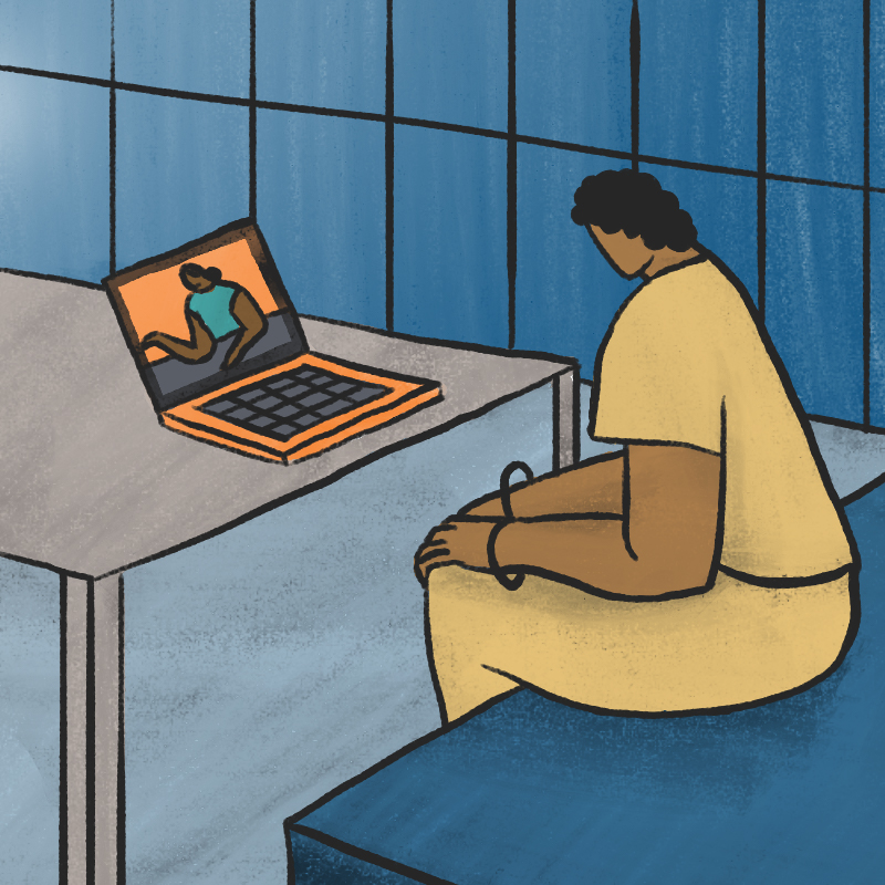 seervai_criminal-justice_spot1.jpg Illustration of inmate video conferencing with a care coordinator