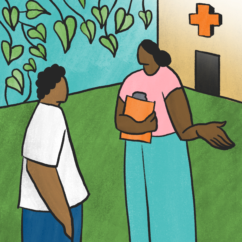 seervai_criminal-justice_spot2.jpg Illustration of care coordinator speaking with recently released inmate