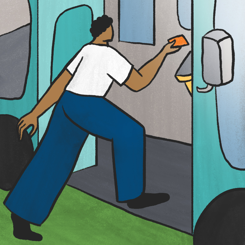 Illustration of a recently released inmate using a bus pass to board a bus