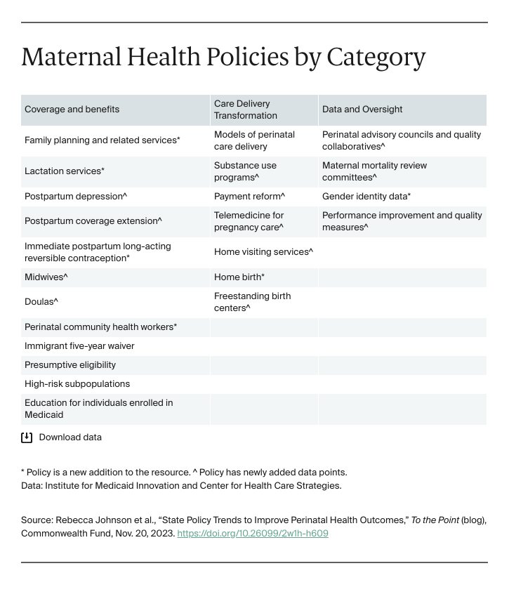 Table, Maternal health policies by category