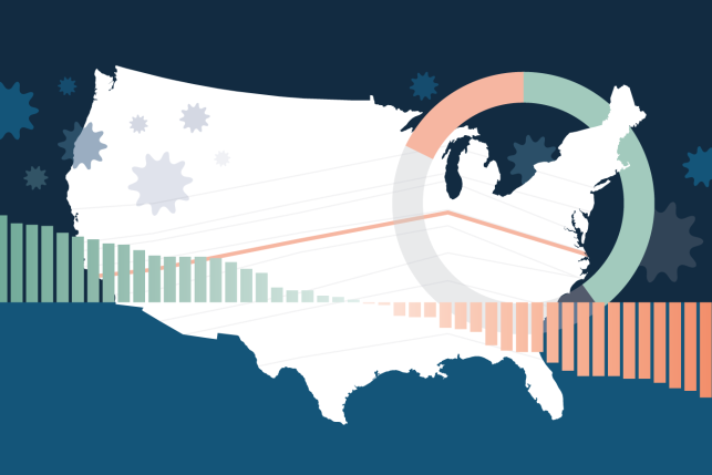 Graphic of United States map with charts and graphs as well as COVID-19 viruses