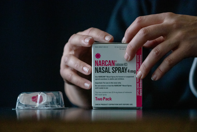 Box of Narcan nasal spray on table