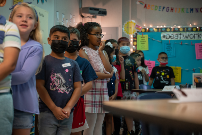 Third graders line up in Erin Criss's classroom at Forestdale Elementary School in Springfield, VA on August 22, 2022.