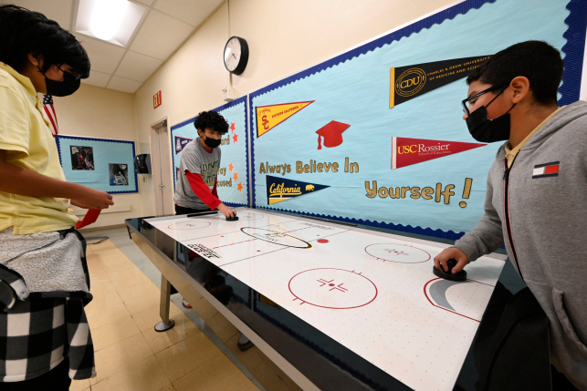 Students enjoy the game room at Benjamin O. Davis Middle School in Compton, Calif., on Feb. 2, 2023. California is investing more than $4 billion to revamp its approach to youth mental health, ensuring that services are community-based, equitable, and inclusive of many different types of providers. Photo: Brittany Murray/MediaNews Group/Long Beach Press-Telegram via Getty Images