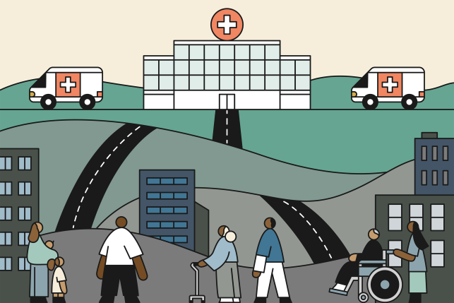 Illustration of patients trying to get to a hospital via winding roads