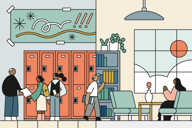 illustration of students in front of lockers and then moving to a classroom