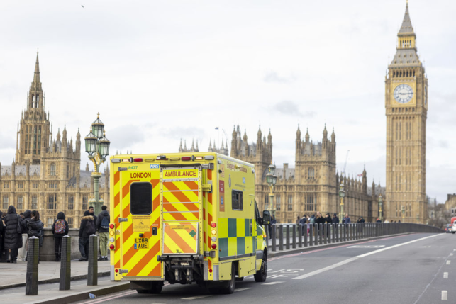 Ambulance crossing Westminster Bridge in London, U.K.