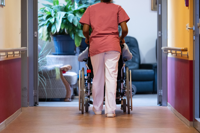 Back of nurse pushing patient in wheelchair