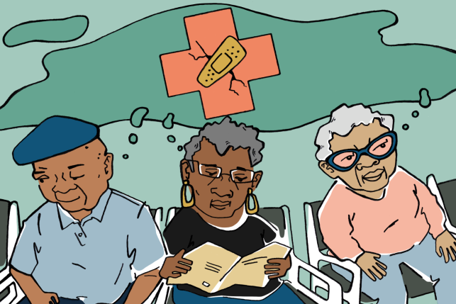 Illustration of three older adults in a doctor's office waiting room thinking about the broken health care system