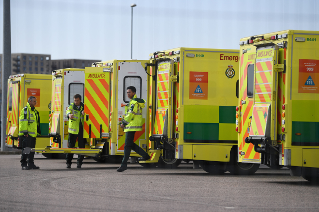 row of yellow ambulances with workers