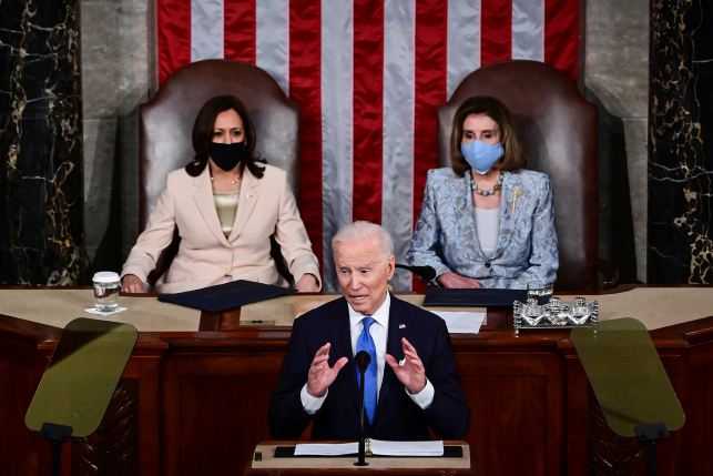 U.S. President Joe Biden addresses a joint session of congress as Vice President Kamala Harris (L) and Speaker of the House U.S. Rep. Nancy Pelosi (D-CA) (R) look on in the House chamber of the U.S. Capitol on April 28, 2021 in Washington, DC. 