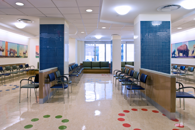 A large waiting room at the New York Hospital Children's outpatient department.