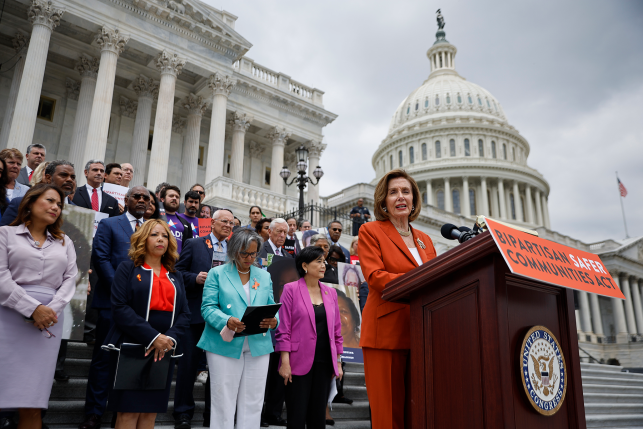 Nancy Pelosi stands in front of U.S. Capitol and other lawmakers