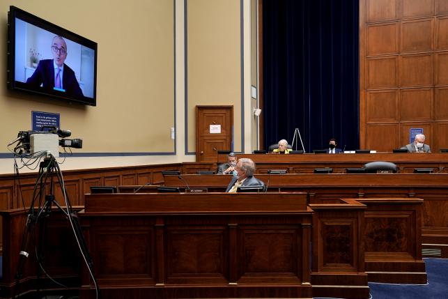 Dr. Giovanni Caforio, chairman and CEO of Bristol Myers Squibb, is remotely questioned by Rep. Virginia Foxx (R–N.C.) during a hearing to discuss unsustainable drug prices with CEOs of major drug companies on September 30, 2020, in Washington, D.C.
