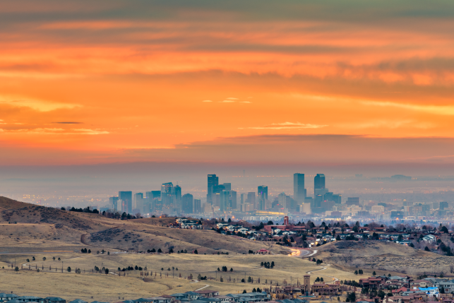 Denver, Colorado downtown skyline viewed from Red Rocks at dawn.