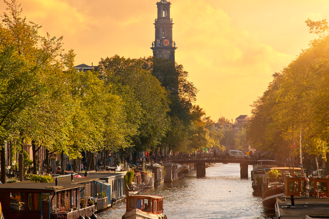 Canal in Amsterdam with the church 'Westerkerk' in view