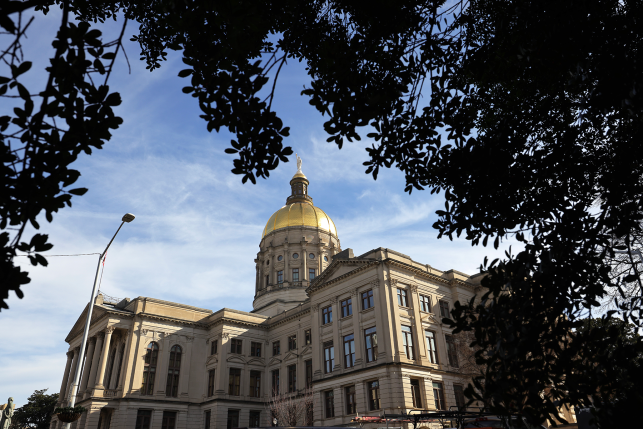 Photo, Side view of Georgia State Capitol building from under a tree