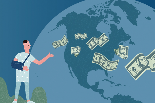 Illustration of patient wearing an arm sling releasing dollar bills with planet Earth in the background