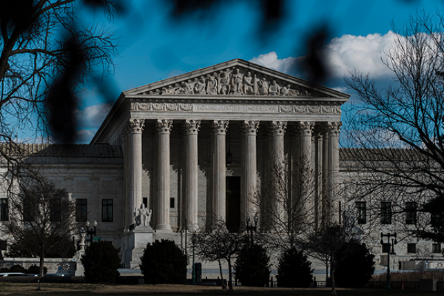 Photo, view of Supreme Court from afar through trees.