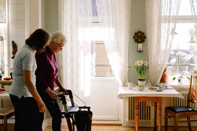 Elderly woman and health aide walk with walker in home
