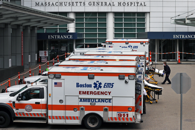 Side view of ambulance bay with multiple ambulances