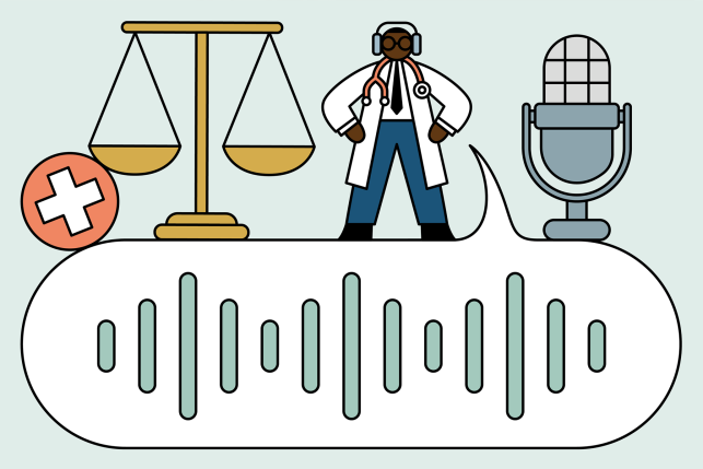 Illustration of Joel Bervell standing on top of a chat bubble surrounded by podcast imagery