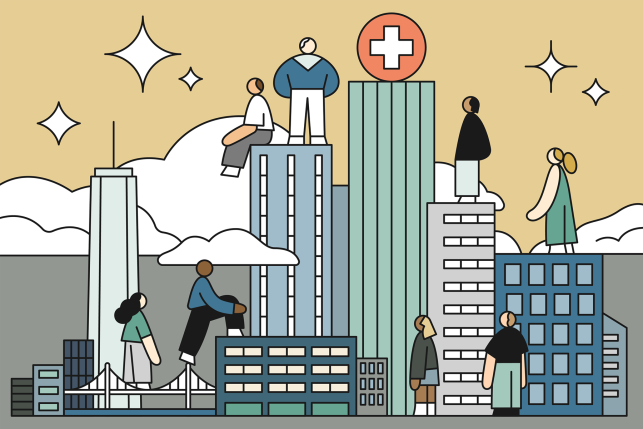 Illustration, Diverse people climbing the skyline of New York City towards a health care symbol